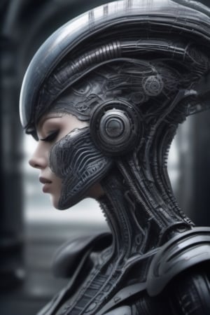 A cyborg woman in the style of H R Giger