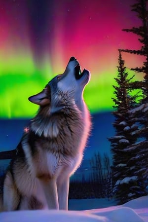 a timber wolf howling at a full moon under the aurora borealis 