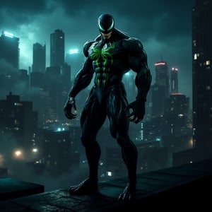 A shot of Venom's eerie green eyes glowing in the dark, with a cityscape backdrop of neon lights and towering skyscrapers. The symbiote-covered superhero, Venom stands menacingly on a rooftop ledge, his muscles tense as he surveys the urban landscape. A faint hint of fog creeps in from the left, adding an air of mystery to the scene.