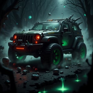 a photo of a 2003 scifi iJeep Liberty, in the style of hall0w33n. Ghosts and gouls surround the Jeep, green smoke fills the air, the headlights are bright red.