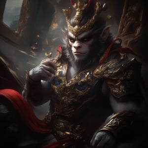  Extremely Realistic, best quality, very aesthetic, masterpiece, detailed face and eyes, smug, parted lips, relaxed, candid, natural pose, contrapposto, photo of wukong, This image is a highly detailed CGI rendering of an anthropomorphic monkey character, likely inspired by traditional Chinese mythology or folklore. The character is depicted in an elaborate, ornate suit of armor, which is richly detailed and features intricate patterns and motifs. The armor is predominantly dark blue with gold and silver accents, including ornate designs, intricate floral patterns, and small, shiny beads. The character's face is stern and serious, with a thick, bushy beard and a fierce expression. His eyes are dark and piercing, adding to the intensity of his gaze. The character's head is adorned with a crown of golden spikes, adding to the regal and formidable appearance. His armor extends down to his shoulders, where it is adorned with large, decorative plates and red ribbons that add a touch of color contrast. The background is dark and somewhat blurred, with a hint of a mural or tapestry visible in the upper left corner, which adds to the mystical and ancient atmosphere of the scene. detailed background, perfect face, perfect hands, sexy, fantasy, absurdres, expressive, vibrant, vivid, colorful, sharp details, dynamic cowboy shot, full length, full body,10xRFBoost