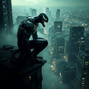 A dramatic, firmly perspective shot radiantly showcasing Venom's penetrating, emerald eyes aglow in the gloom, against a breathtaking backdrop of towering, illuminated metropolitan structures. Eddie Brock, the human host of the symbiote, perches militantly on an elevated rooftop ledge, his physique tense as he scrutinizes the urban skyline from a perspective that radically challenges the norm. A subtle veil of mist encroaches imperceptibly from the left-hand side, wrapping the scene in a thrilling, air of shrouded enigma.