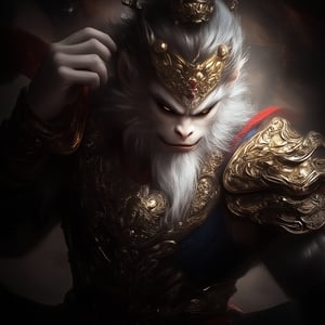  Extremely Realistic, best quality, very aesthetic, masterpiece, detailed face and eyes, smug, parted lips, relaxed, candid, natural pose, contrapposto, photo of wukong, This image is a highly detailed CGI rendering of an anthropomorphic monkey character, likely inspired by traditional Chinese mythology or folklore. The character is depicted in an elaborate, ornate suit of armor, which is richly detailed and features intricate patterns and motifs. The armor is predominantly dark blue with gold and silver accents, including ornate designs, intricate floral patterns, and small, shiny beads. The character's face is stern and serious, with a thick, bushy beard and a fierce expression. His eyes are dark and piercing, adding to the intensity of his gaze. The character's head is adorned with a crown of golden spikes, adding to the regal and formidable appearance. His armor extends down to his shoulders, where it is adorned with large, decorative plates and red ribbons that add a touch of color contrast. The background is dark and somewhat blurred, with a hint of a mural or tapestry visible in the upper left corner, which adds to the mystical and ancient atmosphere of the scene. detailed background, perfect face, perfect hands, sexy, fantasy, absurdres, expressive, vibrant, vivid, colorful, sharp details, dynamic cowboy shot, full length, full body, aidmaMJ6.1