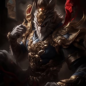  Extremely Realistic, best quality, very aesthetic, masterpiece, detailed face and eyes, smug, parted lips, relaxed, candid, natural pose, contrapposto, photo of wukong, This image is a highly detailed CGI rendering of an anthropomorphic monkey character, likely inspired by traditional Chinese mythology or folklore. The character is depicted in an elaborate, ornate suit of armor, which is richly detailed and features intricate patterns and motifs. The armor is predominantly dark blue with gold and silver accents, including ornate designs, intricate floral patterns, and small, shiny beads. The character's face is stern and serious, with a thick, bushy beard and a fierce expression. His eyes are dark and piercing, adding to the intensity of his gaze. The character's head is adorned with a crown of golden spikes, adding to the regal and formidable appearance. His armor extends down to his shoulders, where it is adorned with large, decorative plates and red ribbons that add a touch of color contrast. The background is dark and somewhat blurred, with a hint of a mural or tapestry visible in the upper left corner, which adds to the mystical and ancient atmosphere of the scene. detailed background, perfect face, perfect hands, sexy, fantasy, absurdres, expressive, vibrant, vivid, colorful, sharp details, dynamic cowboy shot, full length, full body, Wukong