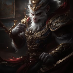  Extremely Realistic, best quality, very aesthetic, masterpiece, detailed face and eyes, smug, parted lips, relaxed, candid, natural pose, contrapposto, photo of wukong, This image is a highly detailed CGI rendering of an anthropomorphic monkey character, likely inspired by traditional Chinese mythology or folklore. The character is depicted in an elaborate, ornate suit of armor, which is richly detailed and features intricate patterns and motifs. The armor is predominantly dark blue with gold and silver accents, including ornate designs, intricate floral patterns, and small, shiny beads. The character's face is stern and serious, with a thick, bushy beard and a fierce expression. His eyes are dark and piercing, adding to the intensity of his gaze. The character's head is adorned with a crown of golden spikes, adding to the regal and formidable appearance. His armor extends down to his shoulders, where it is adorned with large, decorative plates and red ribbons that add a touch of color contrast. The background is dark and somewhat blurred, with a hint of a mural or tapestry visible in the upper left corner, which adds to the mystical and ancient atmosphere of the scene. detailed background, perfect face, perfect hands, sexy, fantasy, absurdres, expressive, vibrant, vivid, colorful, sharp details, dynamic cowboy shot, full length, full body,10xRFBoost