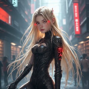 Create a highly detailed, photo realistic, ultra-realistic, anime-style cybernetic female character. She should have long, flowing blonde hair with a slight metallic sheen, wearing futuristic combat armor with intricate black and silver cybernetic enhancements. The character should have a delicate, doll-like face, glowing red eyes, and a mixture of soft and mechanical elements in her outfit. The outfit should feature a sleek, form-fitting bodysuit made of a mix of leather and metal with glowing red lights on her arms and shoulders, showcasing an aesthetic balance between high-tech and fashion-forward design. She stands confidently in a bustling, neon-lit city, with a background of futuristic buildings and machinery. The scene should capture the fusion of sci-fi technology and fashion, creating an atmosphere of both elegance and strength, Natural detailled skin, natural lighting