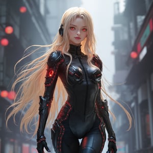 Create a highly detailed, photo realistic, ultra-realistic, anime-style cybernetic female character. She should have long, flowing blonde hair with a slight metallic sheen, wearing futuristic combat armor with intricate black and silver cybernetic enhancements. The character should have a delicate, doll-like face, glowing red eyes, and a mixture of soft and mechanical elements in her outfit. The outfit should feature a sleek, form-fitting bodysuit made of a mix of leather and metal with glowing red lights on her arms and shoulders, showcasing an aesthetic balance between high-tech and fashion-forward design. She stands confidently in a bustling, neon-lit city, with a background of futuristic buildings and machinery. The scene should capture the fusion of sci-fi technology and fashion, creating an atmosphere of both elegance and strength, Natural detailled skin, natural lighting