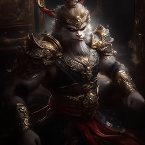  Extremely Realistic, best quality, very aesthetic, masterpiece, detailed face and eyes, smug, parted lips, relaxed, candid, natural pose, contrapposto, photo of wukong, This image is a highly detailed CGI rendering of an anthropomorphic monkey character, likely inspired by traditional Chinese mythology or folklore. The character is depicted in an elaborate, ornate suit of armor, which is richly detailed and features intricate patterns and motifs. The armor is predominantly dark blue with gold and silver accents, including ornate designs, intricate floral patterns, and small, shiny beads. The character's face is stern and serious, with a thick, bushy beard and a fierce expression. His eyes are dark and piercing, adding to the intensity of his gaze. The character's head is adorned with a crown of golden spikes, adding to the regal and formidable appearance. His armor extends down to his shoulders, where it is adorned with large, decorative plates and red ribbons that add a touch of color contrast. The background is dark and somewhat blurred, with a hint of a mural or tapestry visible in the upper left corner, which adds to the mystical and ancient atmosphere of the scene. detailed background, perfect face, perfect hands, sexy, fantasy, absurdres, expressive, vibrant, vivid, colorful, sharp details, dynamic cowboy shot, full length, full body, aidmaMJ6.1