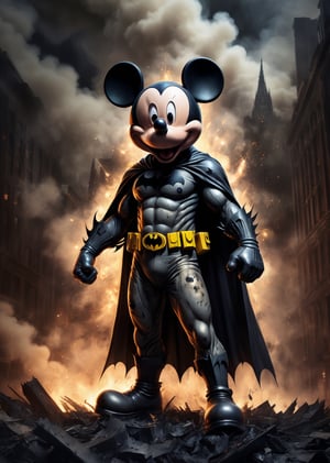 Masterpiece, highly detailed, mickey mouse wearing batman costume, standing in gotham city, dark, gritty, smoke in background, fire, explosion