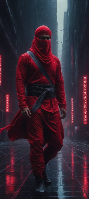hyper Realistic, Extreme Detailed, (glitch Noise), 1 punjabi sikh man wearing turban on head, he is a ninja Slayer, ninja killing ninja, Dressed in crimson ninja costumes (only red color:1.4),Draped in a rich crimson garb, the ninja adorns a traditional shinobi head covering and a face-concealing mask, (crimson red Ninja costume), (wearing a very very long red scarf:1.2), (no-weapon:1.2), wearing gauntlet, they fight in the darkness of the city, Wearing a ninja mask with kanji written on it,face with shadow,(Eyes Emit strong red Light and leave a band of light:1.2), He doesn't have a weapon, raise fist Fighting pose in anger, furious, The ninja burns with anger over the death of his wife and child, and vows revenge and throws himself into a reckless battle.Brake, heavy acid rain, CyberPunk, The streets of Tokyo lined with futuristic mega buildings, golden cube floating in the sky

,Obsidian Enigma Art Style,Gric,photo r3al,neon