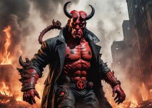 Masterpiece, highly detailed, close up photo of (hellboy with horns) fightin with aliens, grinning, standing in a burned down city, dark, gritty, fire smoke in background, destruction