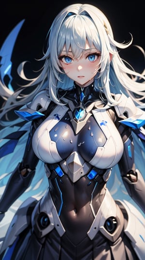 {masterpiece}, high angle upper body shot, looking viewer, girl with mecha gears, mecha skirt, pleated skirt, plugsuit, white long messy hair, blue eyes, transparent wet clothes, open chest,
,Mechanical_restraints,mechskirt