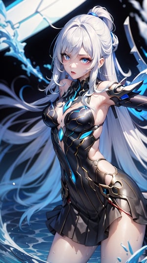 {masterpiece},  high angle upper body shot,  looking viewer,  girl with mecha gears,  mecha skirt,  pleated skirt,  plugsuit,  white long messy hair,  blue eyes,  transparent wet clothes,  open chest, 
, Mechanical_restraints, mechskirt,,keqingdef,jingliu \(honkai: star rail\)