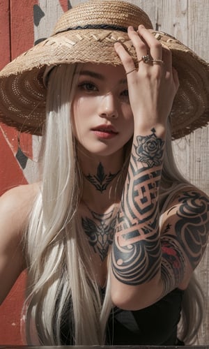 1girl, solo, long hair, hat, jewelry, upper body, white hair, lips, tattoo, ring, tank top, straw hat, arm tattoo, shoulder tattoo