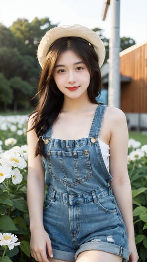 horizon,flower field(small white flowers),16 yo,beautiful girl,bright brown hair,braided hair,happy smile,wearing short denim overalls,high socks,lady hat,Best Quality, 32k, photorealistic, ultra-detailed, finely detailed, high resolution, perfect dynamic composition, beautiful detailed eyes, sharp-focus, cowboy shot,