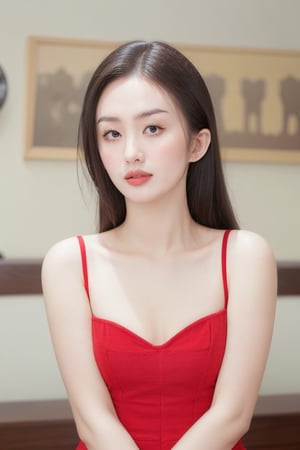 1girl, solo, long hair, breasts, looking at viewer, brown hair, dress, bare shoulders, brown eyes, upper body, small breasts, sleeveless, blurry, lips, sleeveless dress, blurry background, red dress, realistic, arms at sides,upper body, cleavage, large breasts 