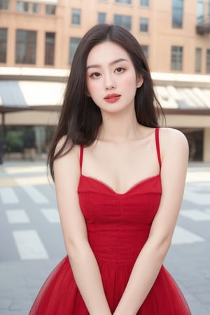 1girl, solo, long hair, breasts, looking at viewer, brown hair, dress, bare shoulders, brown eyes, upper body, small breasts, sleeveless, blurry, lips, sleeveless dress, blurry background, red dress, realistic, arms at sides,upper body, cleavage, large breasts 