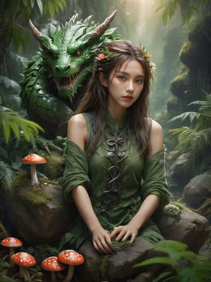 Intricate detailed image of a beautiful woman in a jungle, her face is ultrarealistic and hyperdetailed, sharp focus on eyes, green eyes, flowy brown hair, flowery vines cascading down, seated on a mossy rock, mushrooms, sense of beauty and inspiration,  perfect anatomy, ,cyberpunk style,  cinematic results, colorful,  8kUHD,  golden hour ,darkart,neon photography style,xxmixgirl,Dragon,Dragonyear ,xxmix_girl