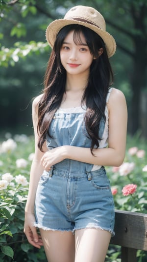 horizon,flower field(small white flowers),16 yo,beautiful girl,bright brown hair,braided hair,happy smile,wearing short denim overalls,high socks,lady hat,Best Quality, 32k, photorealistic, ultra-detailed, finely detailed, high resolution, perfect dynamic composition, beautiful detailed eyes, sharp-focus, cowboy shot,