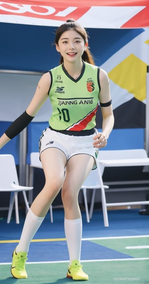 In the middle of a vast, brightly lit stadium, a girl stands out in her Brazilian national team football uniform. She wears the traditional yellow jersey with green trim, the team logo and number prominently displayed on her chest. The jersey fits snugly, highlighting her athletic and dynamic figure. Her shorts are green, paired with white socks and white football boots featuring green stripes.

The girl sits comfortably on a football, her left leg slightly bent with her foot touching the ground while her right leg is extended, resting on the ball. Her long hair falls naturally, with a few strands gently swaying in the breeze. Her face is lit up with a radiant smile, her bright eyes reflecting joy and excitement.

Surrounding her is the expansive stadium with towering stands, rows of seats stretching out, and colorful flags waving in the wind. Bathed in golden sunlight, the girl and the football seem to be the center of this small universe, exuding a sense of vitality and passion for the sport.from below 