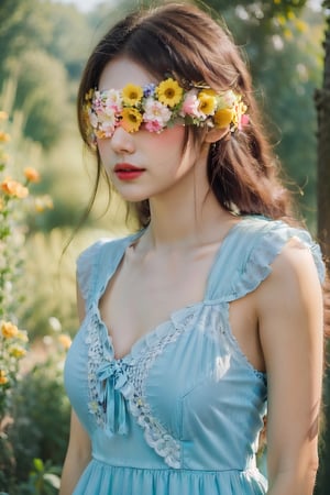 1 girl, charming, 
Flower Blindfold, blue dress, Wide Short, white blue background, masterpiece, best quality, (clouds, fog,), full color, watercolor,upper body,big breasts,princess dress,portrait,bubble foreground,