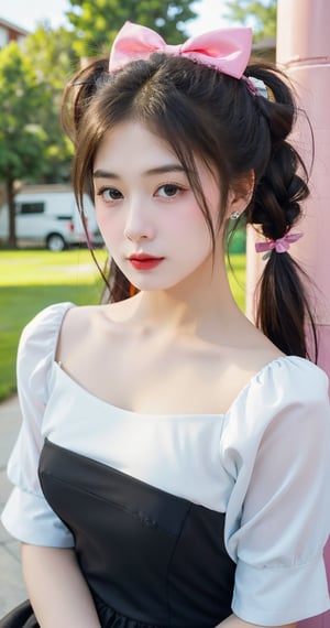 A whimsical young girl with twintails and a pink hair bow stands alone outdoors, gazing directly at the viewer. Her upper body is framed by a white shirt with puffy sleeves and a black dress featuring a pinafore design. Bangs fall just above her eyebrows, styled in blunt fashion. A small mole adorns her left cheekbone. Her closed mouth gives a subtle yet enigmatic expression. The overall atmosphere is brightened by the natural setting, with the pink bow and ribbon adding pops of color amidst the serenity.