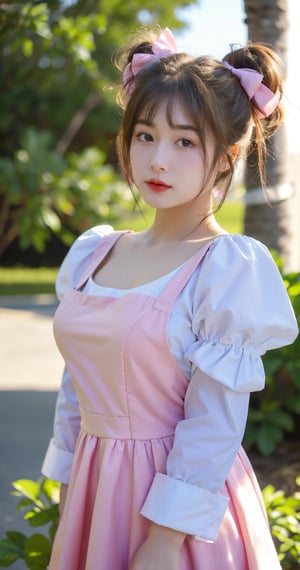 1girl, solo, looking at viewer, bangs, shirt, dress, bow, ribbon, twintails, closed mouth, white shirt, upper body, pink hair, hair bow, outdoors, puffy sleeves, blunt bangs, medium hair, mole, black dress, pink bow, realistic, pinafore dress