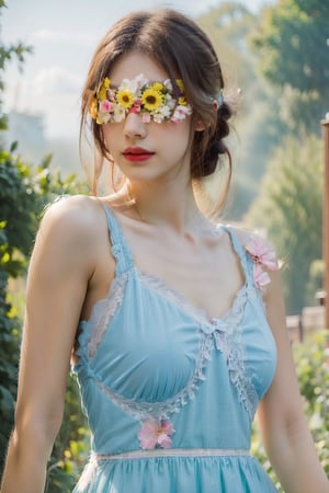 1 girl, charming, 
Flower Blindfold, blue dress, Wide Short, white blue background, masterpiece, best quality, (clouds, fog,), full color, watercolor,upper body,big breasts,princess dress,portrait,bubble foreground,