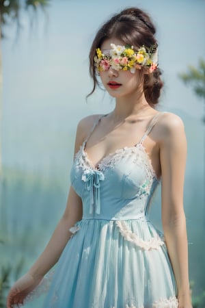 1 girl, charming, 
Flower Blindfold, blue dress, Wide Short, white blue background, masterpiece, best quality, (Circle Sora), full color, watercolor,upper body,big breasts,princess dress,