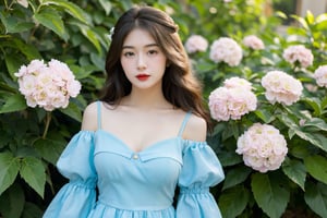 The girl is standing in front of a blooming flower bush, creating a romantic and sweet atmosphere. She has long, wavy hair adorned with a white floral bow and is wearing a light blue dress with delicate floral embroidery. Her face is lightly made up with natural pink lips.
round face,cute,
large breasts, large thighs 
cleavage, small waist,
upper body, portrait 
details hair, details body
looking at viewer 