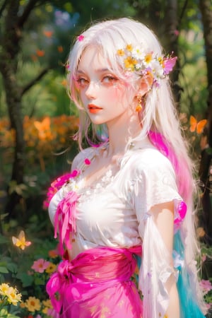 1 girl, pink lips, long flowing white hair, curly hair, perfect body, beautiful hands, glowing butterflies, fireflies, rays of light, colorful flower garden, fairy tale forest, artificial flower foreground blur, portrait, upper body, selfie, frontal,sheer skirt