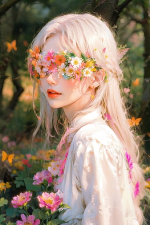 1 girl, pink lips, long flowing white hair, curly hair, perfect body, beautiful hands, glowing butterflies, fireflies, rays of light, colorful flower garden, fairy tale forest, artificial flower foreground blur,portrait,upper body,selfie,frontal,eyes closed,Flower Blindfold 