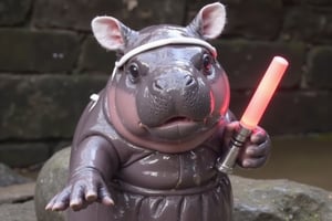 realistic MooDeng hippo wearing bellarena dress with white bunny ear headband and holding a light saber in one hand,