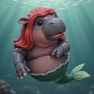 realistic MooDeng hippo wearing a red wig like the "LIttle mermaid", and swimming in the sea with dress that resenbles a mermaid with a tail,  Very cute.