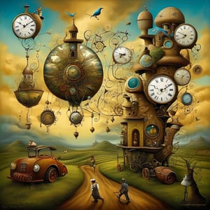 Neo-surrealism, whimsical art, fantasy, magical realism, bizarre art, pop-surrealism, inspired by Remedios Val. Depicts multiple twisted clocks and a farmer. 