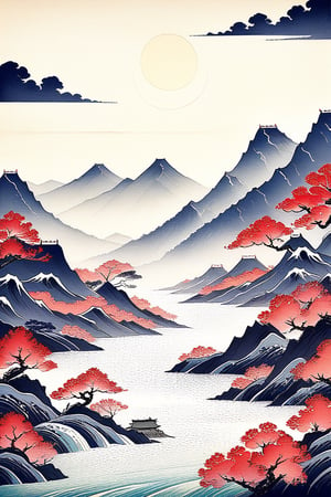 Best Quality, style of hokusai, Ink style，The Great Wall stretches between mountains and rivers