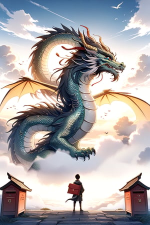 chinesedragon, dragon, mailbox, Keep, outdoor, bird, permanent, cloud, 1 boy, arms, from behind, Sky, cloudy Sky, animal, Keep arms, eastern dragon, monster, 1other, have, FOG