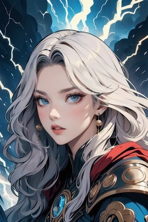 best quality,ultra-detailed,realistic,portrait,Thor,siren,fighting,beautiful detailed eyes,beautiful detailed lips,extremely detailed eyes and face,longeyelashes,curly hair,confident expression,flowing cape,solid stance,fierce battle,lightning bolts,thunder,sword,shield,Mucha style,ornate patterns,decorative elements,nature-inspired motifs,vibrant colors,art nouveau influence,colorful background,strong contrasts,graceful poses,strong and elegant lines,harmonious composition,light and shadows,powerful atmosphere,dynamic energy,heroic proportions,mythical warriors,epic battle scene