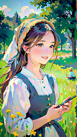 A shepherdess depicted in the Impressionist style, amidst soft, dappled light and flowing fields. (masterpiece, top quality, best quality, official art, beautiful and aesthetic:1.2), (1girl:1.4), portrait, extreme detailed, highest detailed, simple background, 16k, high resolution, perfect dynamic composition, bokeh, (sharp focus:1.2), super wide angle, high angle, high color contrast, medium shot, depth of field, blurry background,impressionist painting