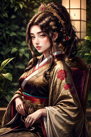 A solitary young woman with dark hair, an ancient princess embodying Japanese royalty, and the heiress to the throne. She wears an exquisite woven uniform adorned with intricate oak leaf gold embroidery, featuring a straight-line pattern of botanical elements on the front. The royalty cloak is detailed with a golden chrysanthemum pattern, symbolizing the Japanese royal heritage. The lovely young princess, donned in a regal outfit, showcases detailed botanical symbols, including royal star-crossed and crossed medals. The combination includes a white military suit with golden botanical embroidery detailing. Adorning the attire are the emblems of the royal house, along with honorable British medals. A red strand crosses over the shirt from shoulder to hip, emphasizing her graceful physique.

With captivating brown eyes and a stylish ponytail, she poses for a portrait photography session in a royal garden under a majestic tree. Seated on a finely carved wooden chair, the portrait achieves a depth-focused detailed effect, captured with high quality using a Canon 6D Mark VII. The colors are refined using Adobe Lightroom, enhancing vintage tones, creating softened and shimmering light. The overall ambiance carries a dreamy, old-money effect with meticulous attention to detail.

This portrayal of a lovely young princess with real human skin exhibits vivid details, achieving a photorealistic quality (1.37). The female model features thick eyebrows, beautiful and full lips, and deep brown eyes. Fantasy royalty emblems, including the super-detailed face, contribute to the photorealistic representation. In this rendition, the princess's attire incorporates the regal symbol of the chrysanthemum, symbolizing Japanese heritage, adding a unique touch to the portrait.