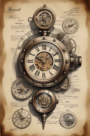 patent style drawing of mechanical watches in ink on an old paper,(steampunk:1.2),old fashioned,nostalgie