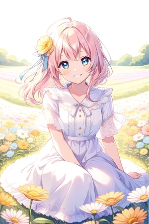 18s anime style anime girl sitting in a field of flowers and looking at camera, sonriente. color pastel