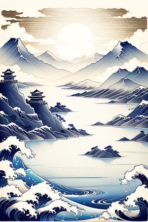 Best Quality, style of hokusai, Ink style，The Great Wall stretches between mountains and rivers