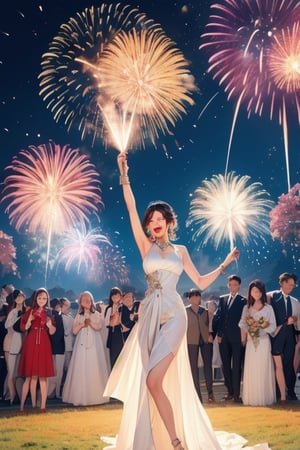 create a vibrant scene of a group of women, dressed in elegant evening gowns, gathered together to celebrate the arrival of the new year. They would be dancing, laughing, and holding glasses of champagne, exuding joy and excitement. The painting would capture the energy and spirit of the occasion, with colorful fireworks bursting in the night sky, Seoul, Korea, Gyeongbokgung Palace as background