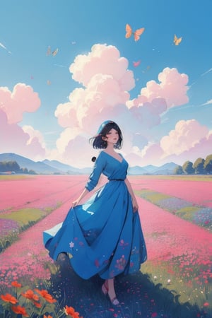 Lustration of a woman in a field of flowers A blue sky of clouds, beautiful illustration, beautiful painting, beautiful UHD 4K art, beautiful art, a beautiful art illustration, art in the style of Guweiz, beautiful painting, Atey Ghailan 8K, Artgerm and Atey Ghailan, girl in a field of flowers, (butterflies).