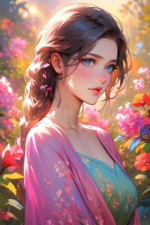 Beautiful lady, gracefully standing in a field of vibrant flowers, surrounded by nature's colorful tapestry, under the open sky with a gentle breeze, kissed by the warm, golden rays of sunset, drawing inspiration from Pierre-Auguste Renoir's natural scenes, Impressionism with a touch of romanticism, captured using soft watercolors on textured paper, portrait, a harmonious blend of pinks, purples, and greens, infusing gentle brushwork and delicate textures, conveying a sense of beauty and connection to the natural world