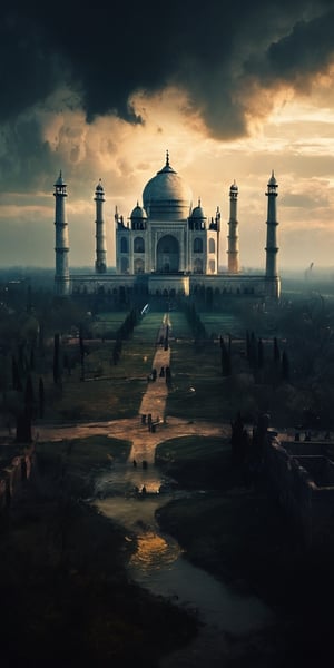 Taj Mahal A shot from a window of a large trojan style city landscape, The Witcher 3 Concept Art, watchtowers, low visibility, golden hour sunlight, moody clouds on horizon, mysterious scene, dark, fantasy art, horror, sleepy hollow style, grimdark style, Movie Still, moody colours, Landskaper, newhorrorfantasy_style,darkart, cinematic moviemaker style, enormous wall surrounds the entire city reaching to the sky