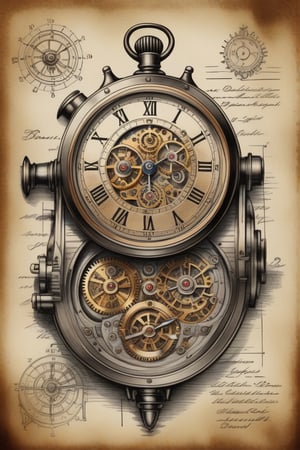 patent style drawing of mechanical watches in ink on an old paper,(steampunk:1.2),old fashioned,nostalgie