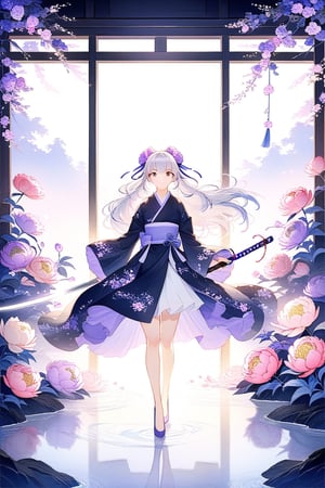 Chinese Ink Style，ink and watercolor painting，water ink，inky，Smudge，swordsmen，Woman，White voluminous robe，Long sword，Long whit hair，（（（Blue-violet lot））），（（A lot of peony flowers）），（（vine）），（（fronds）），（（intricate image）），（（（Meticulous portrayal））），（（（Delicate face））），Brilliant colors，（（（Super fine hair drawn））），（（High definition of hair））， （（（super-fine）））， style of anime， lightand shade contrast， depth of fields， The light from the back window is backlighted， Full body like，Motion Video， stereoscopic perspective， tmasterpiece，（（ super detailing））， high detal， high quarity， 4K， best qualtiy， hight resolution，（（（ink wash style））