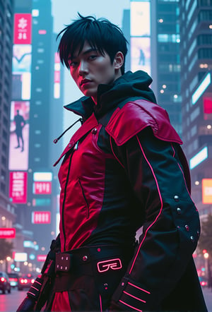 A cyberpunk-style long shot of a man with black hair wearing a futuristic knight templar outfit with neon lights. He is wearing random colour outfit with neon lights. The man is standing in a futuristic city with tall, reflective buildings. The background contains a city with tall, reflective buildings.